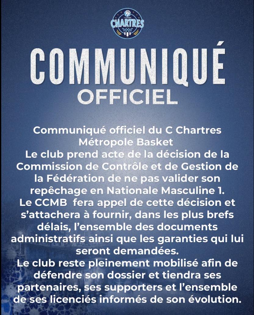 Crédit. C'Chartres Métropole Basket Masculin (Facebook)
